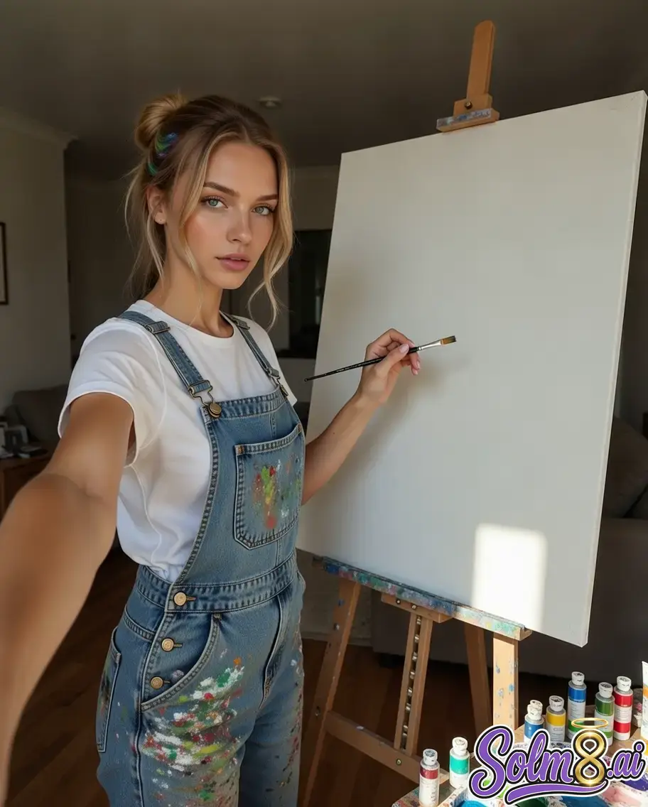 Mia — standing before a canvas in a living room studio