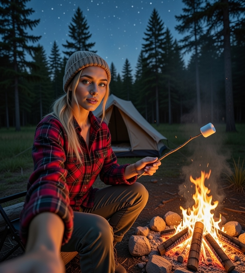 Campfire at dusk with flannel and beanie, roasting marshmallows