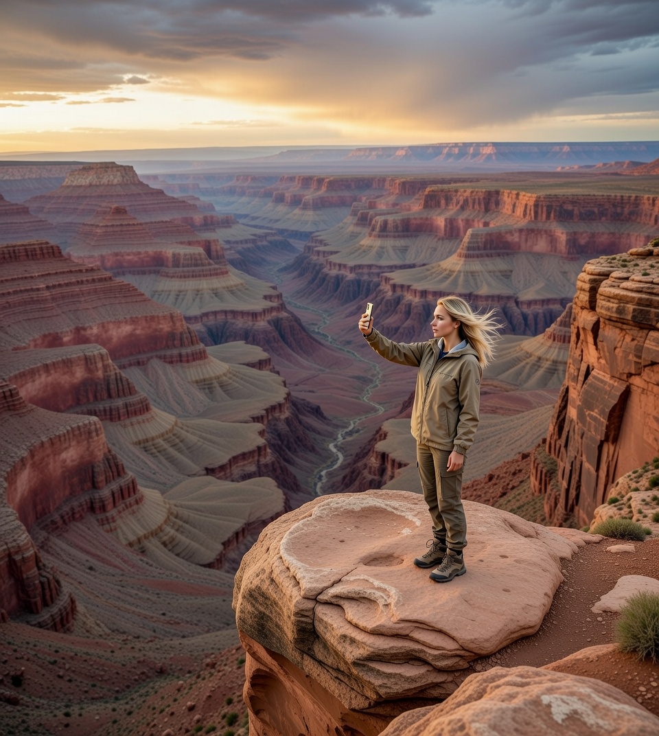 Standing at cliff edge overlooking vast canyon desert landscape