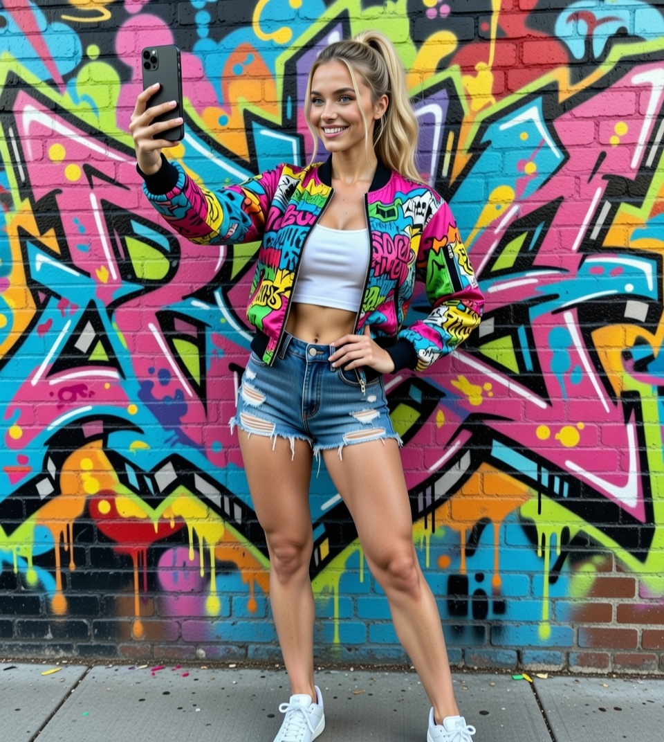 Fun pose in front of colorful city wall mural