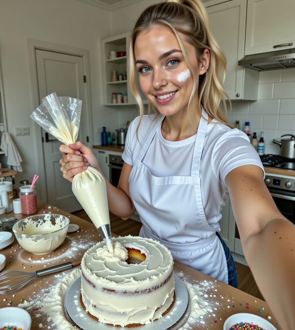 Decorating a cake with flour on cheek