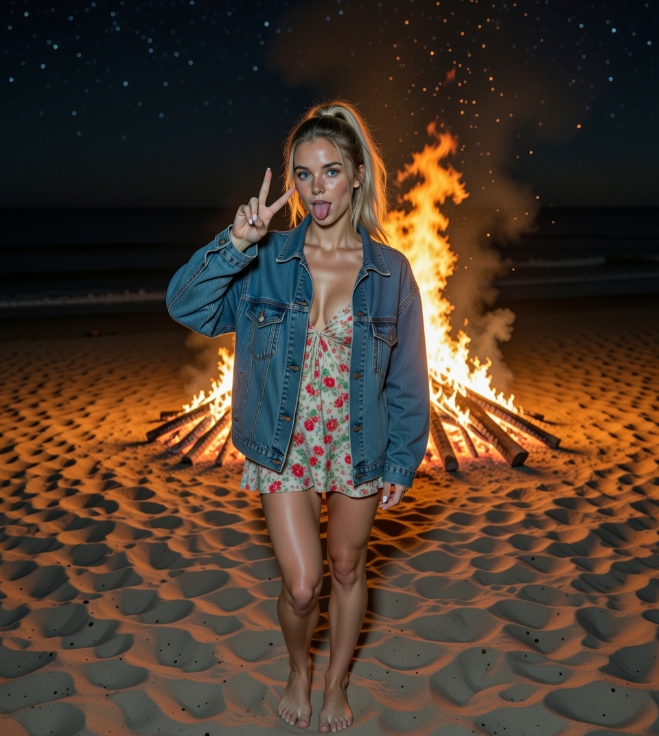 Denim jacket over dress at beach bonfire