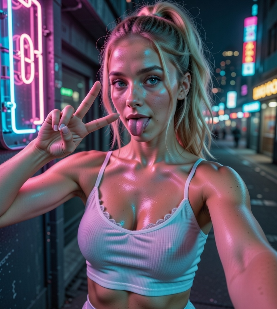 Neon pink and blue cyberpunk portrait at night