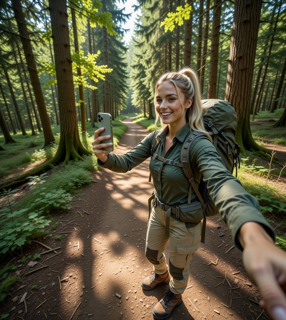 Hiking a forest trail with backpack and tall dappled trees