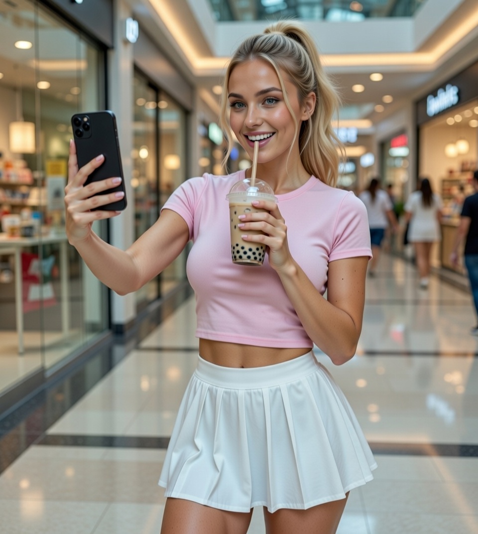 Sipping bubble tea with a cute outfit on a sunny street