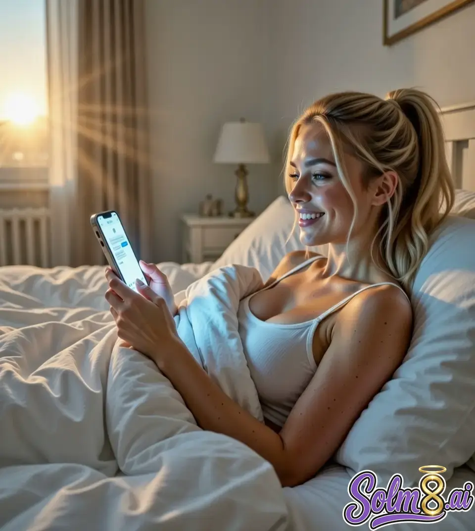 Companion smiling at her phone in bed