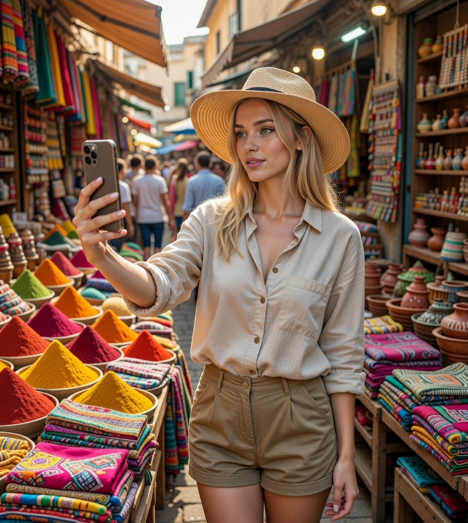Colorful local market abroad with spices and fabrics
