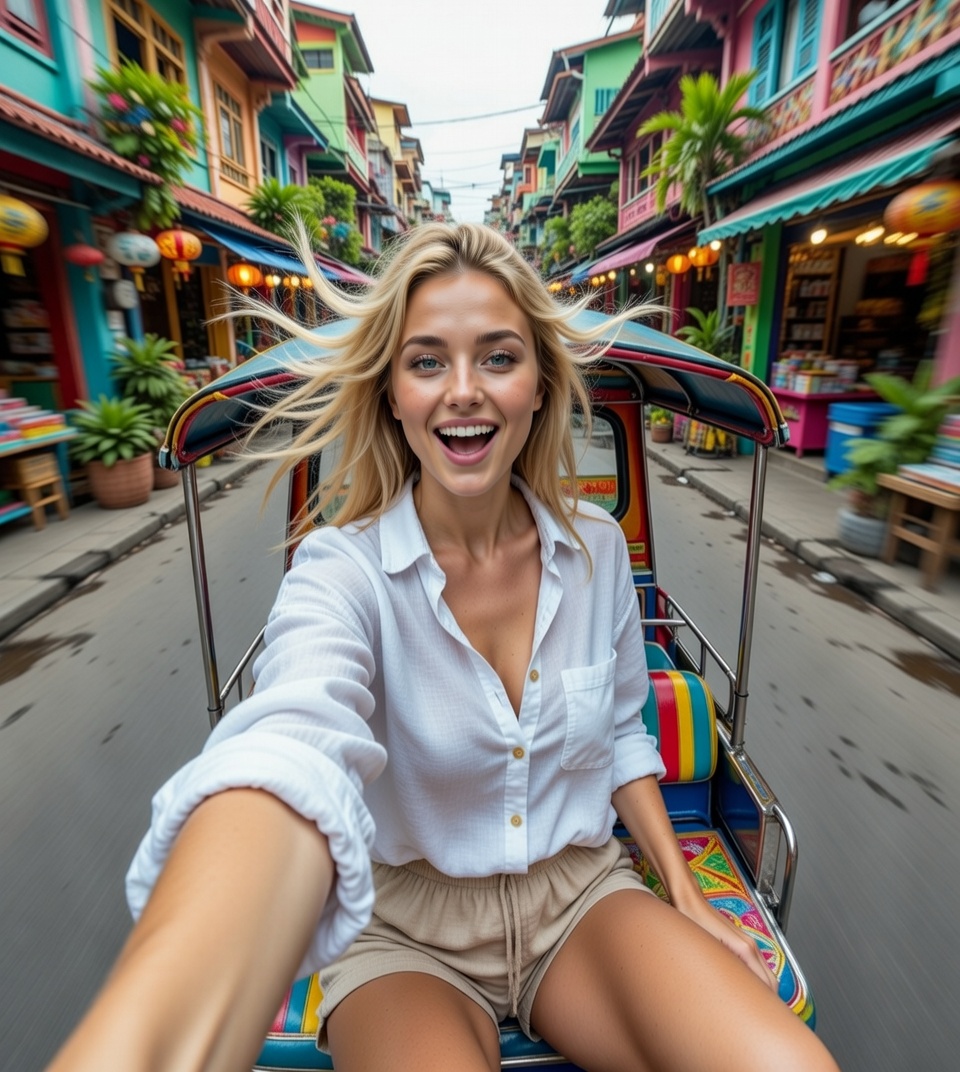 Riding a tuk-tuk with hair flying