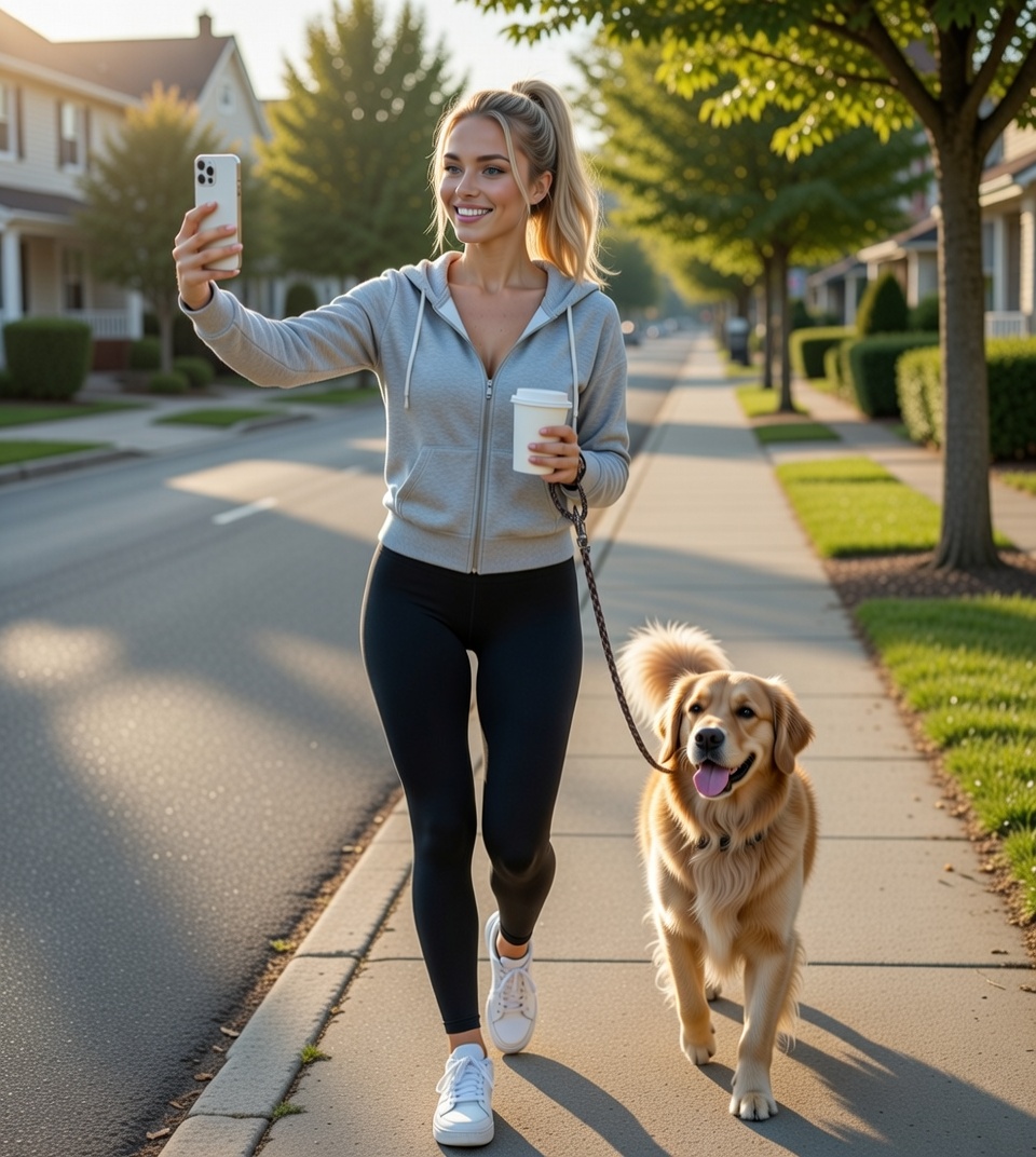 Walking dog with coffee